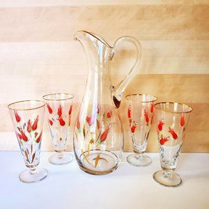 Vtg Set of 4 Glasses Glass Water Juice Pitcher Floral Cottagecore Gold A…